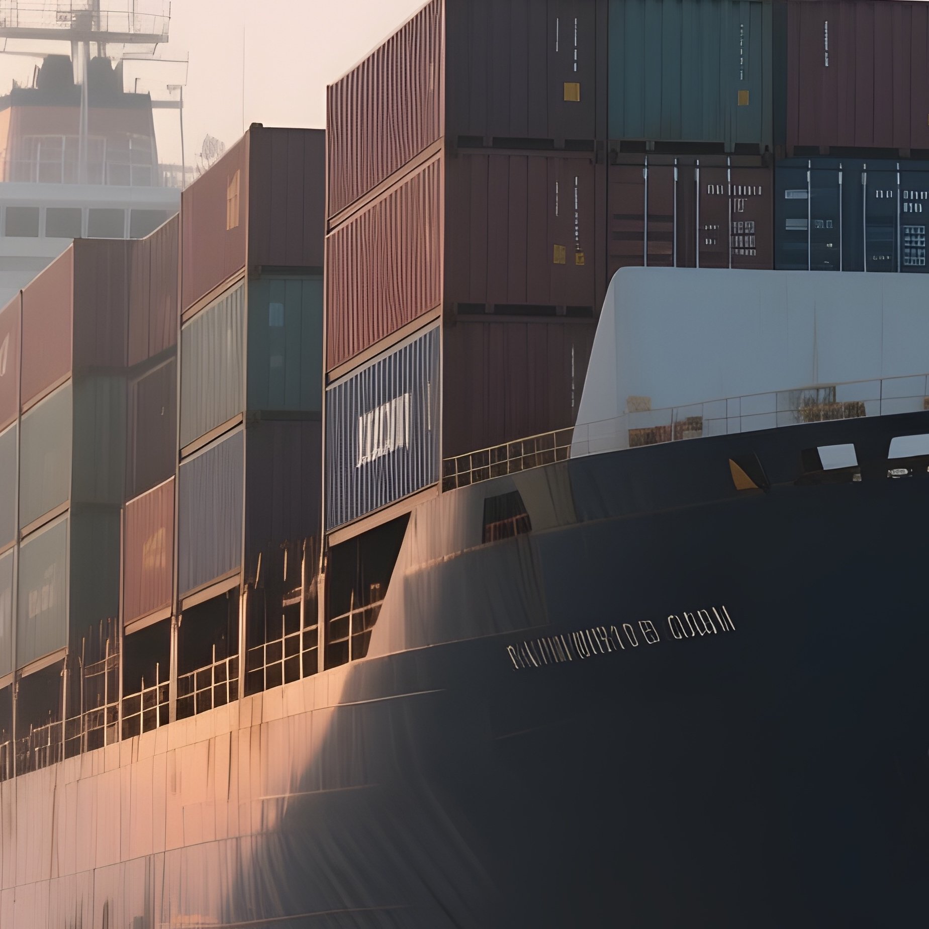 A Massive Container Ship Moving Slowly Through A Fog Covered Harbor At Sunrise - Full Resolution Quality Preview