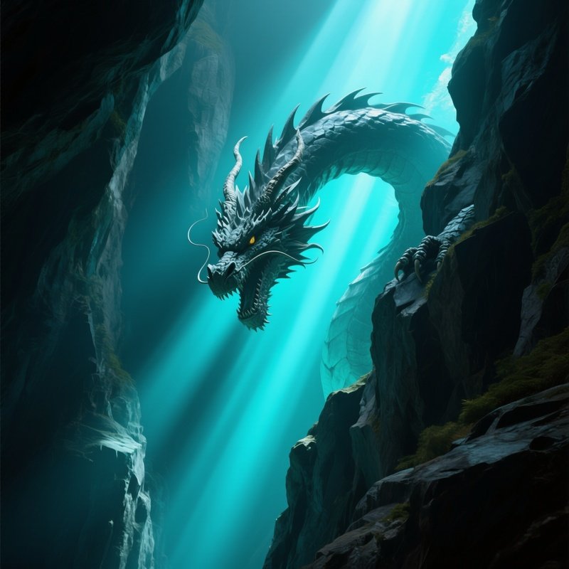 A Massive Granite Dragon Emerging From A Cliffside Cavern, Backlit By Shafts Of Turquoise Light