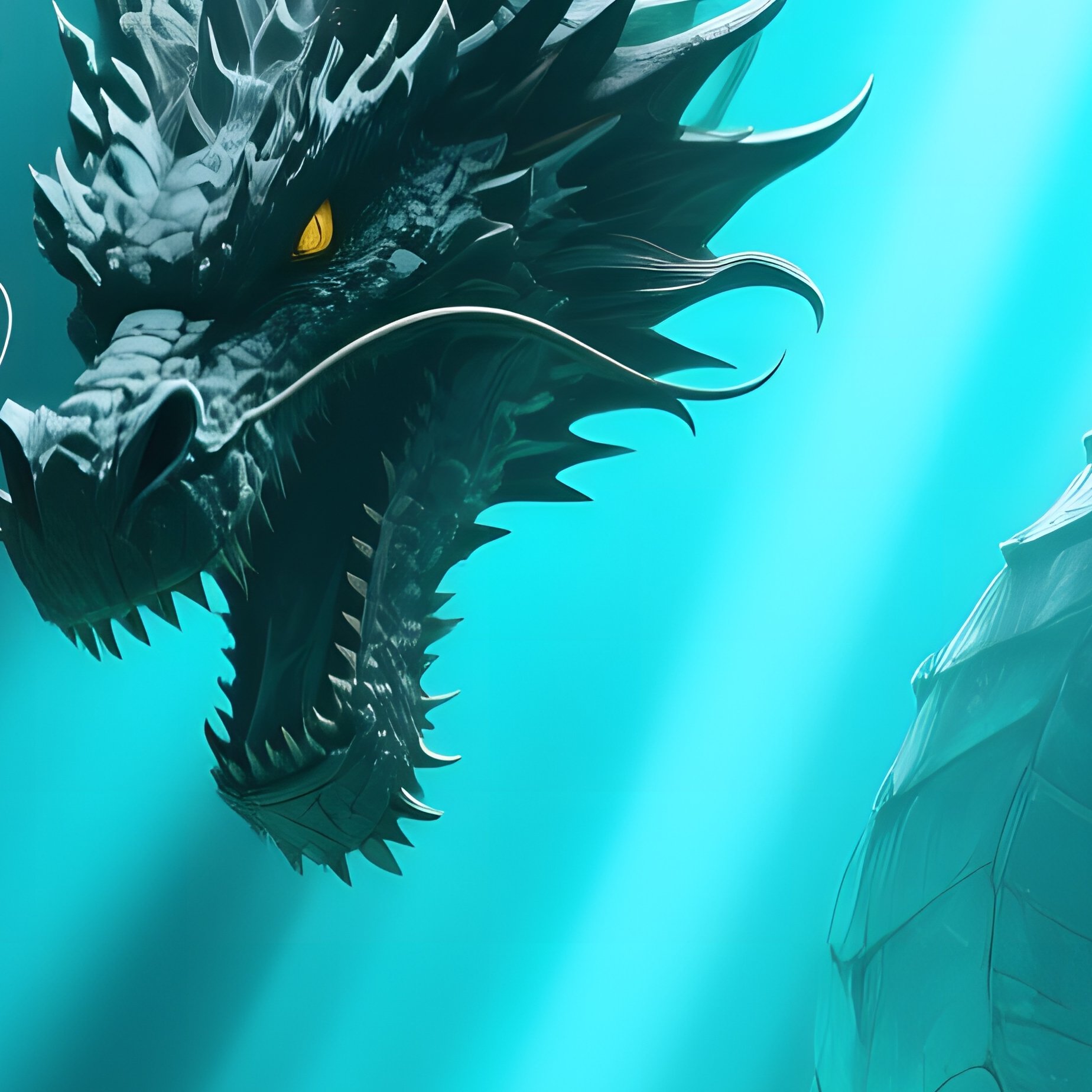 A Massive Granite Dragon Emerging From A Cliffside Cavern, Backlit By Shafts Of Turquoise Light - Full Resolution Quality Preview
