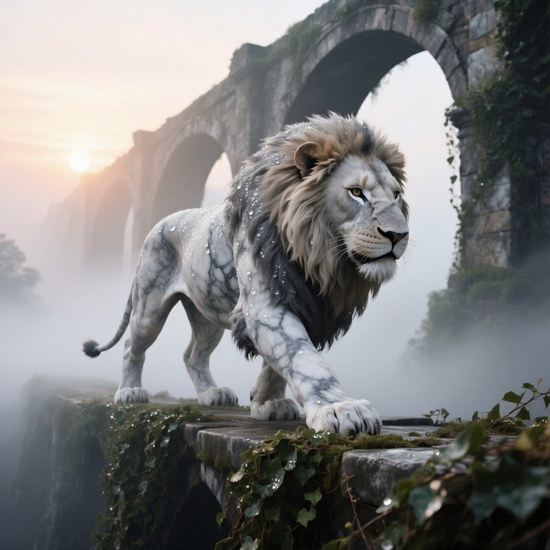 A Massive Marble Lion Prowling Through A Misty Sunrise Over An Ancient Stone Bridge, Its Fur