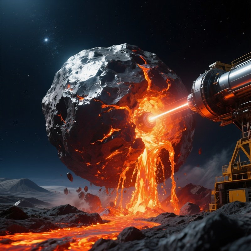 A Massive Mining Laser Cutting Into A Bright Metallic Asteroid, Molten Rock Spilling Out In Bright