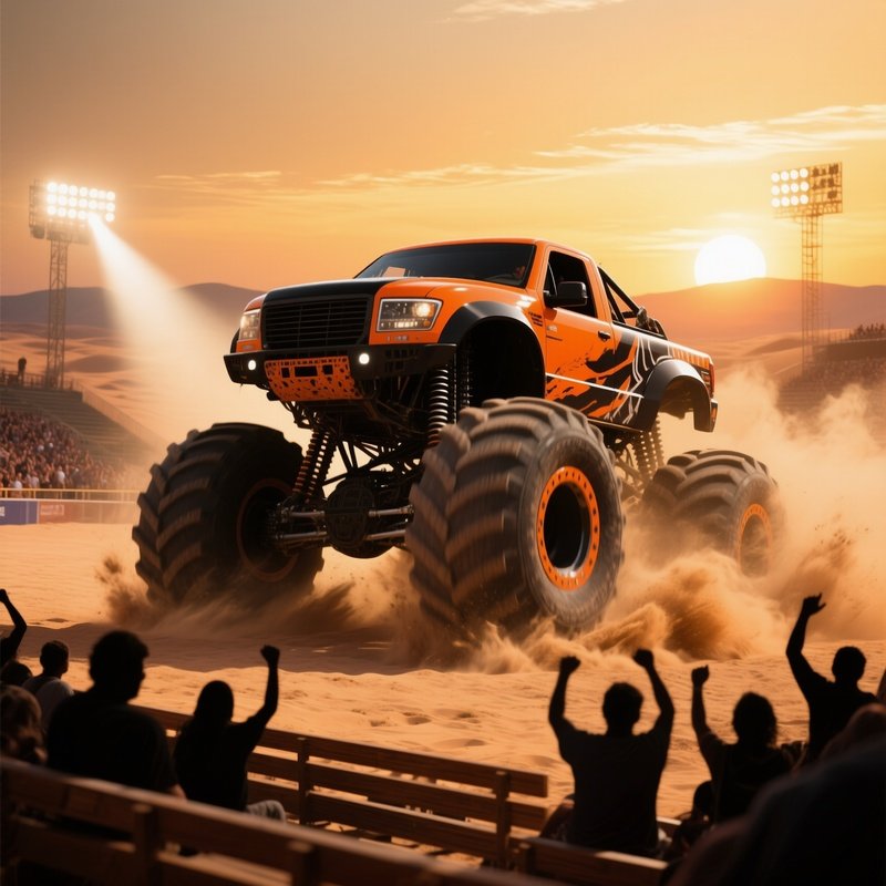 A Massive Orange And Black Monster Truck Roars Over A Dusty Desert Arena At Sunset, Kicking Up
