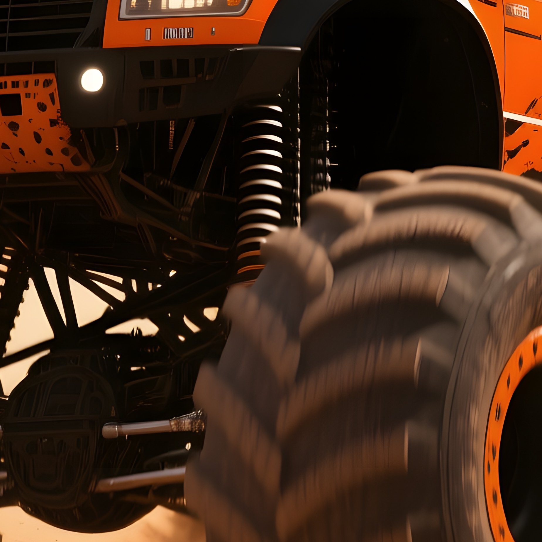 A Massive Orange And Black Monster Truck Roars Over A Dusty Desert Arena At Sunset, Kicking Up - Full Resolution Quality Preview