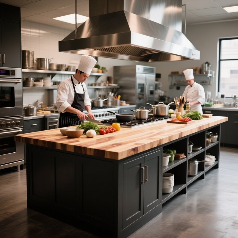 A Massive, Professional Grade Kitchen Island With A Butcher Block Top, Surrounded By Ingredients And Cookware In A Busy Chef’S Kitchen.