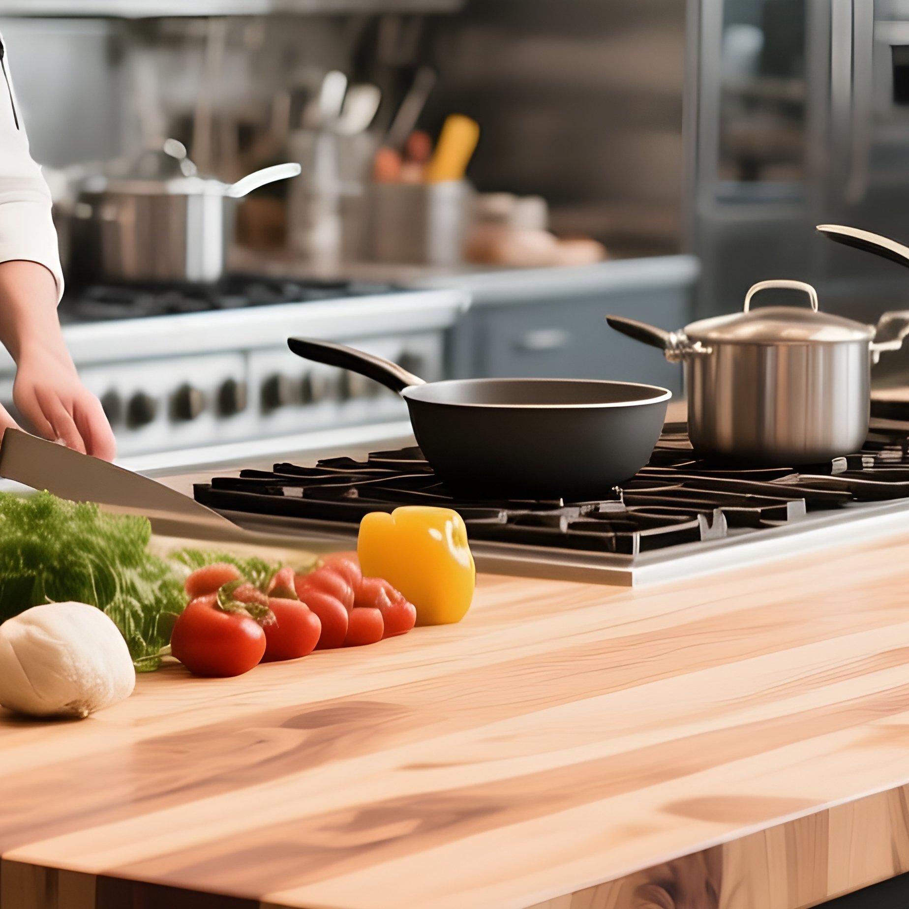 A Massive, Professional Grade Kitchen Island With A Butcher Block Top, Surrounded By Ingredients And Cookware In A Busy Chef’S Kitchen. - Full Resolution Quality Preview