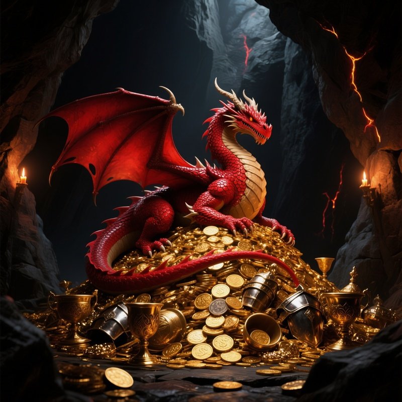 A Massive Red Dragon Sleeping Topped By Gold Coins Chalices And Armor In A Dark Cavern