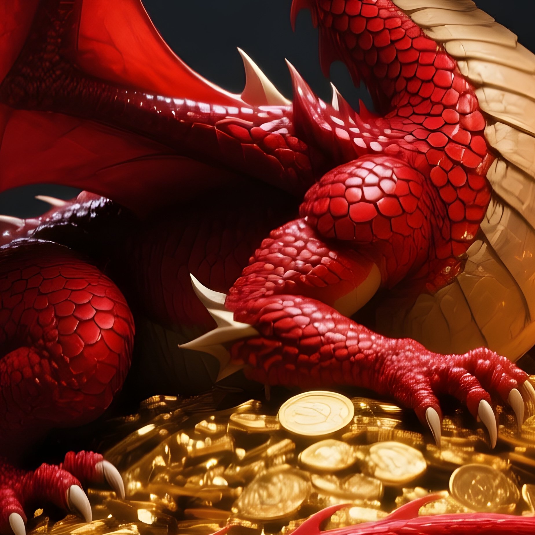 A Massive Red Dragon Sleeping Topped By Gold Coins Chalices And Armor In A Dark Cavern - Full Resolution Quality Preview