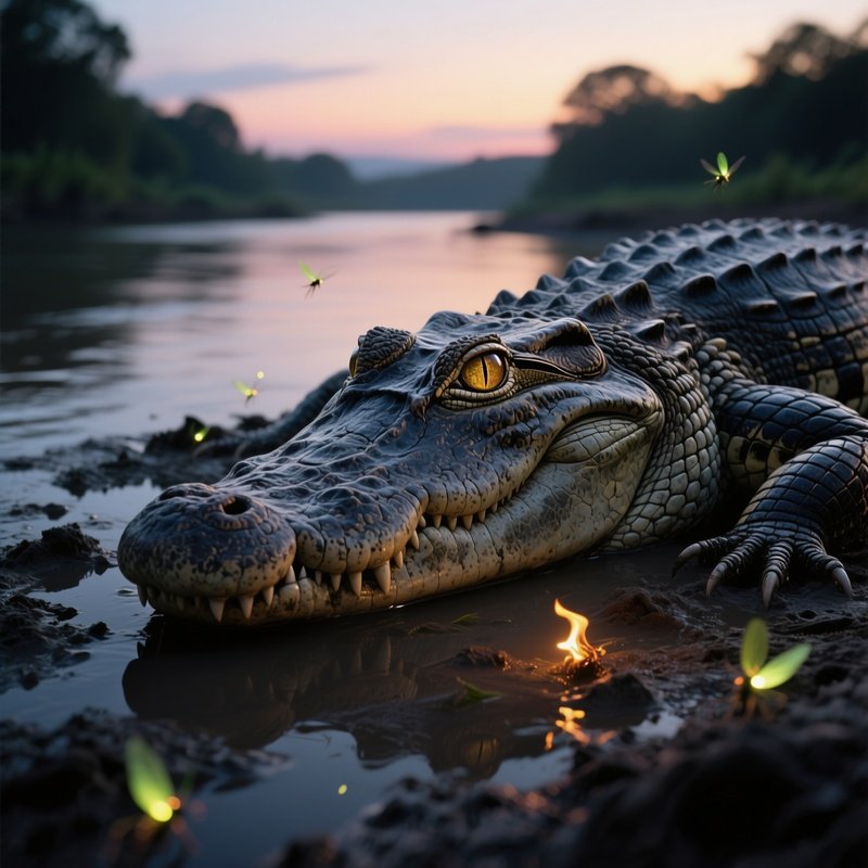A Massive Stone Crocodile Half‑Buried In Riverbank Mud At Twilight, Eyes Reflecting The Last Light,