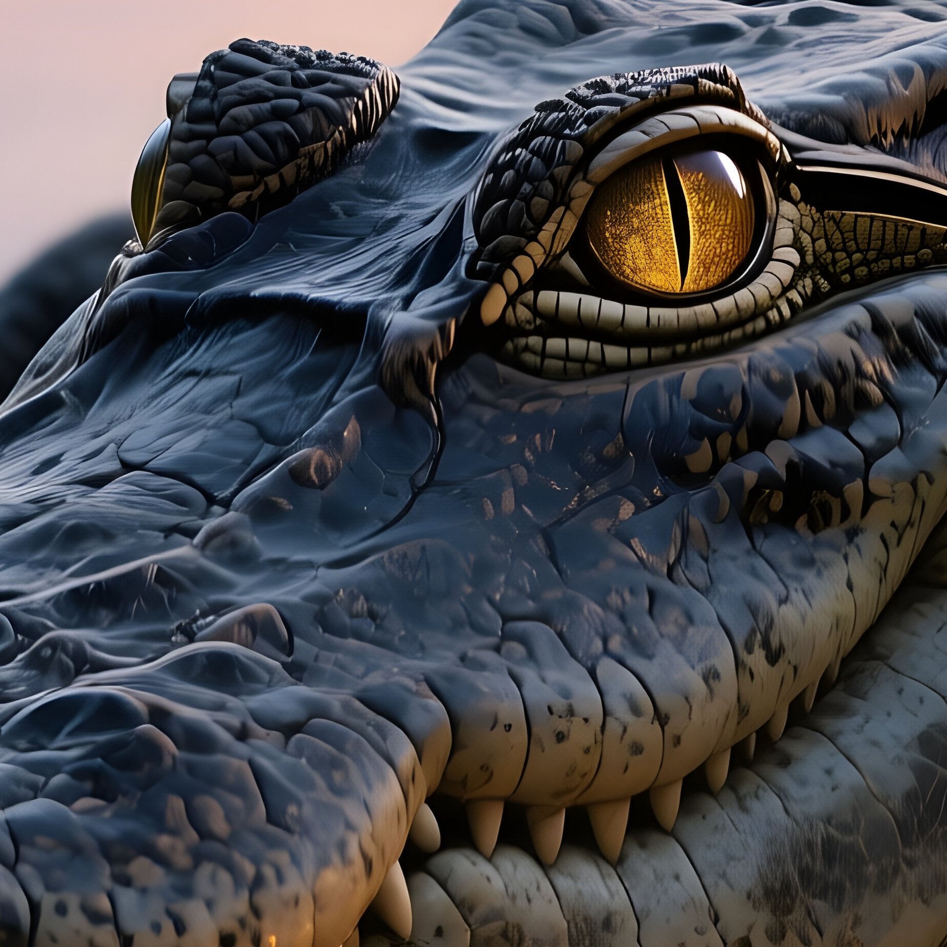 A Massive Stone Crocodile Half‑Buried In Riverbank Mud At Twilight, Eyes Reflecting The Last Light, - Full Resolution Quality Preview