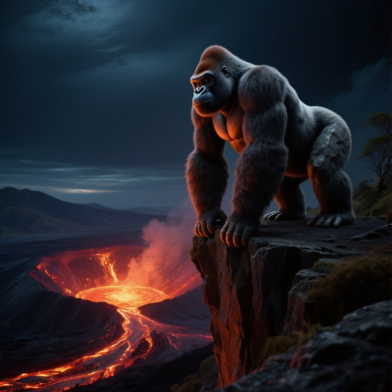 A Massive Stone Gorilla Perched On A Cliff Edge Overlooking A Volcanic Crater At Night, Lava Glow