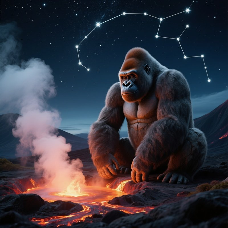 A Massive Stone Gorilla Seated Beside A Volcanic Hot Spring Under A Starry Night, Steam Rising And
