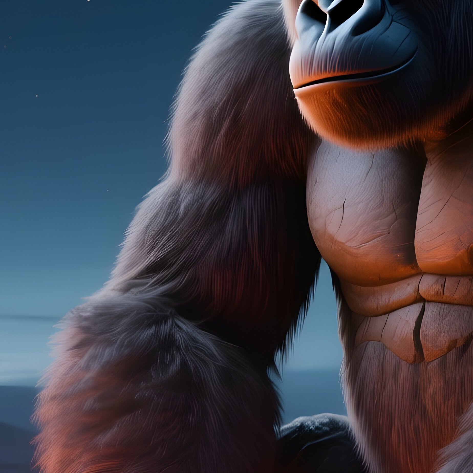 A Massive Stone Gorilla Seated Beside A Volcanic Hot Spring Under A Starry Night, Steam Rising And - Full Resolution Quality Preview