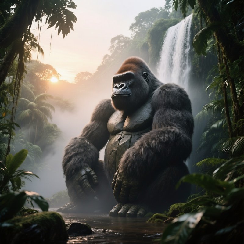 A Massive Stone Gorilla Sitting Beneath A Waterfall In A Tropical Jungle At Dawn, Mist Enveloping