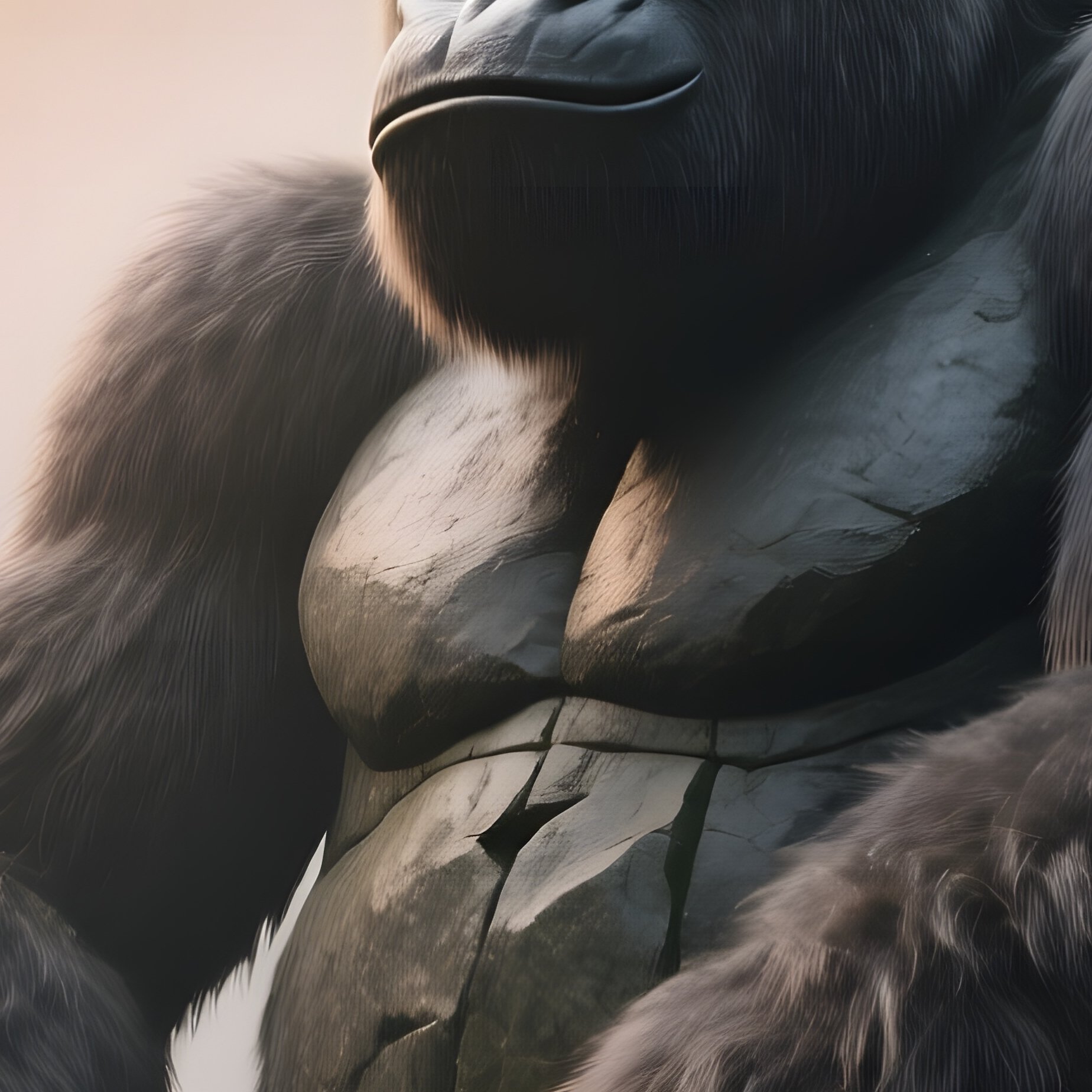 A Massive Stone Gorilla Sitting Beneath A Waterfall In A Tropical Jungle At Dawn, Mist Enveloping - Full Resolution Quality Preview