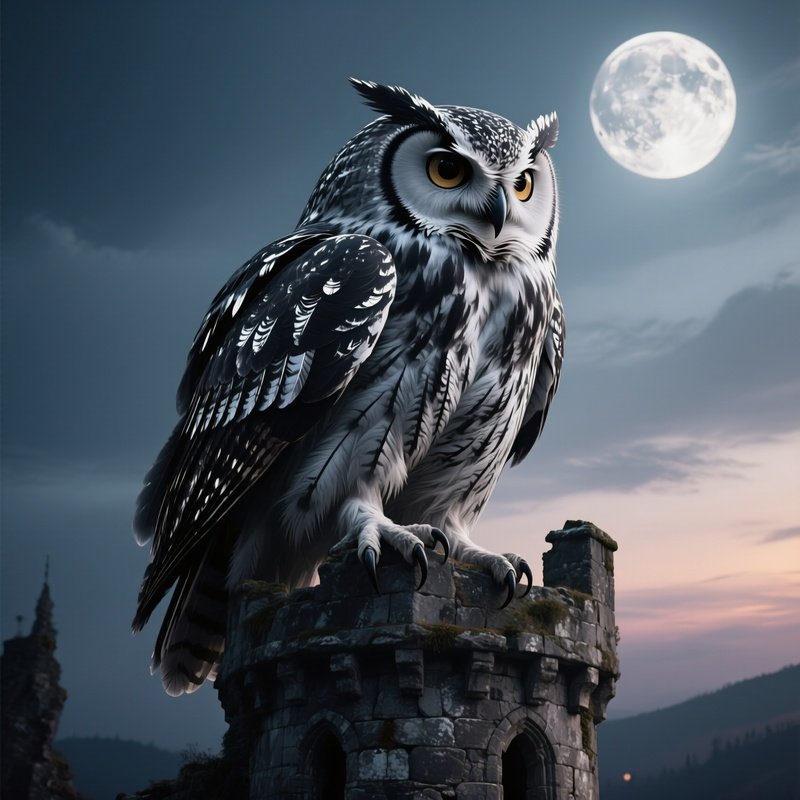 A Massive Stone Owl Perched On A Ruined Castle Tower At Dusk, Moonlight Casting Eerie Silver