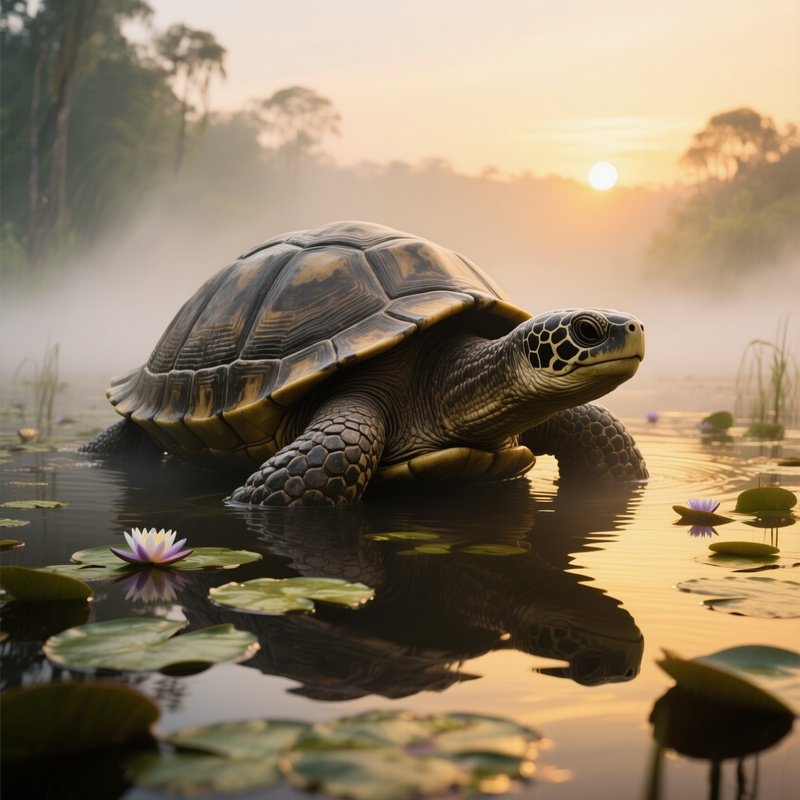 A Massive Stone Turtle Emerging From A Misty Swamp At Dawn, Lily Pads Floating Nearby, Sunrise