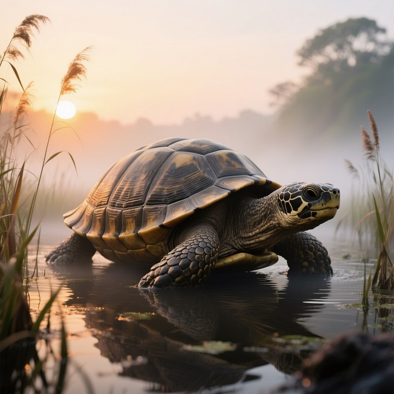 A Massive Stone Turtle Slowly Crossing A Misty Marsh At Dawn, Reeds Swaying, Sunrise Casting Amber