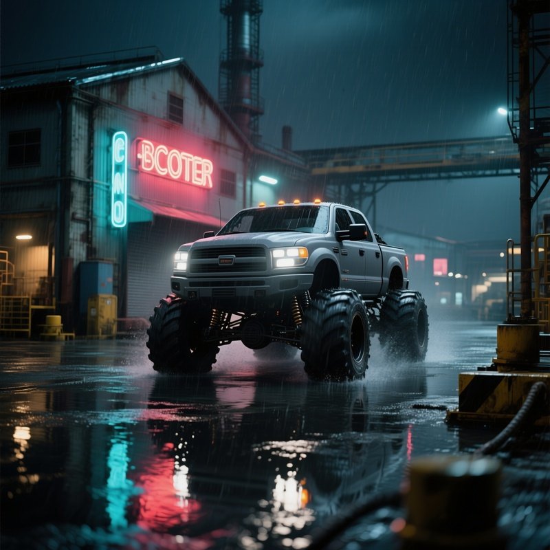 A Matte Gray Monster Truck Drives Through A Rain Soaked Industrial Dockyard At Night, Neon Signs