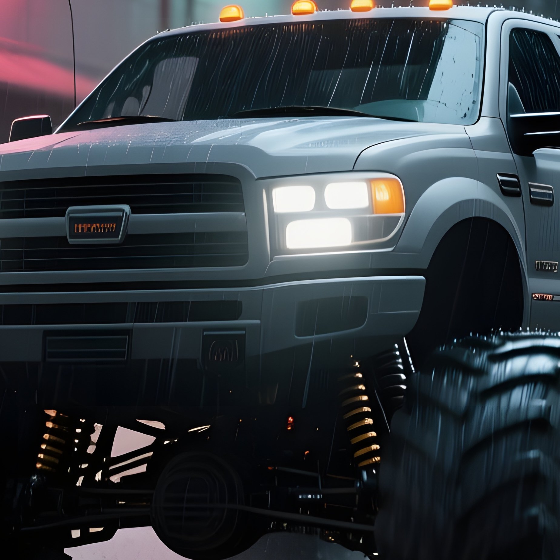 A Matte Gray Monster Truck Drives Through A Rain Soaked Industrial Dockyard At Night, Neon Signs - Full Resolution Quality Preview