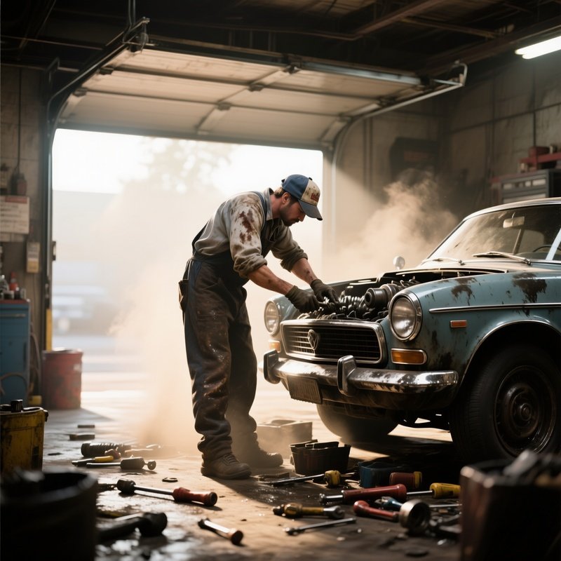A Mechanic In A Grease‑Stained Cap Works On A Vintage Car In An Open Garage, Shafts Of Sunlight