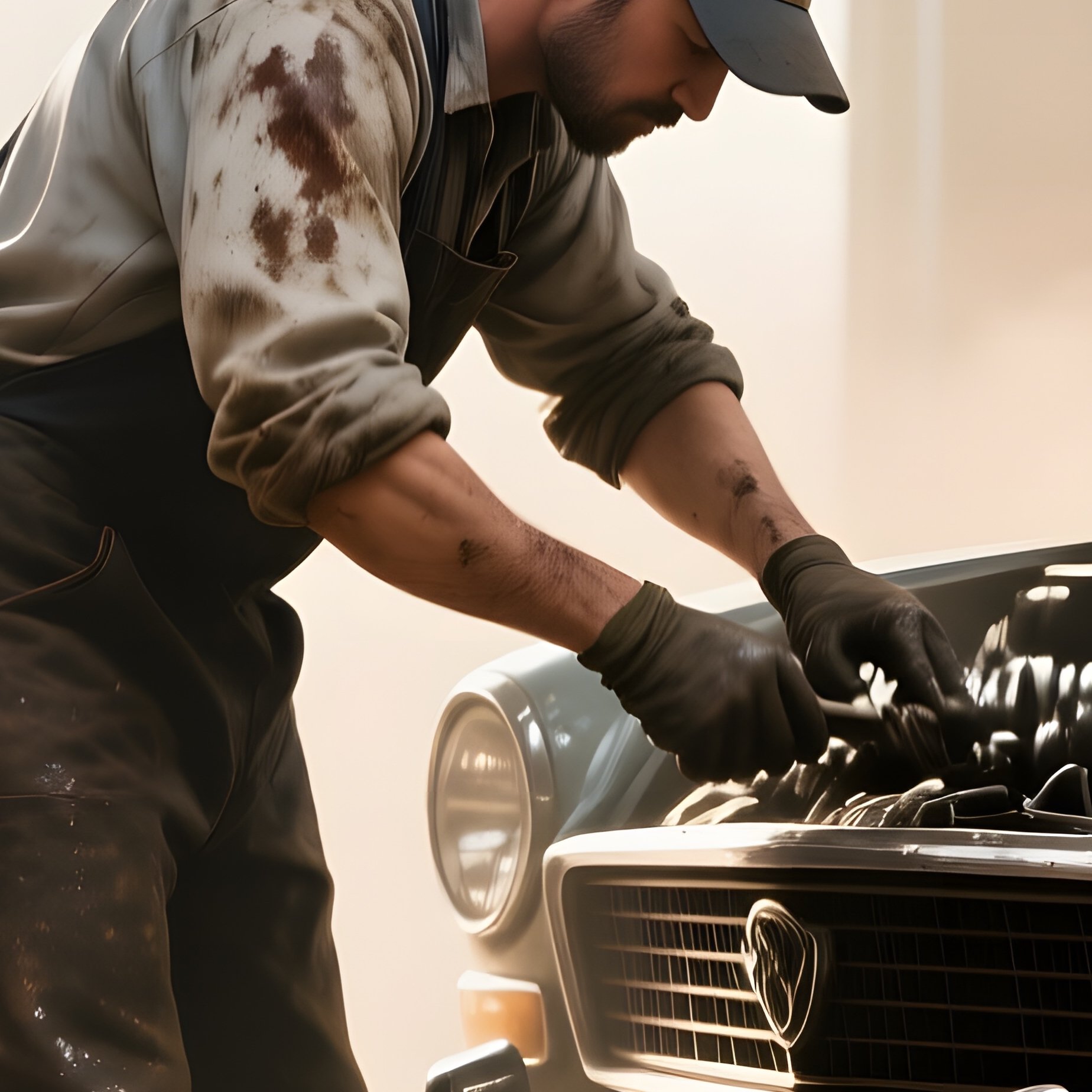 A Mechanic In A Grease‑Stained Cap Works On A Vintage Car In An Open Garage, Shafts Of Sunlight - Full Resolution Quality Preview
