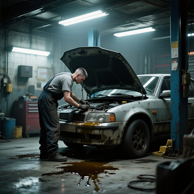 A Mechanic With Short Cropped Hair Works Under A Car Hood In A Gritty Garage, Fluorescent Lights