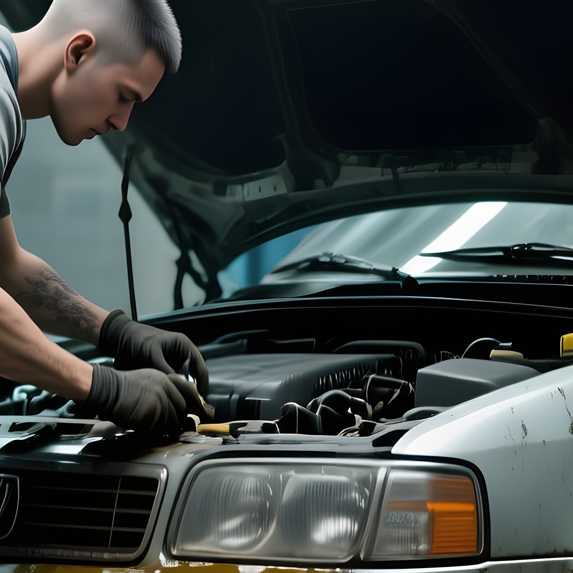 A Mechanic With Short Cropped Hair Works Under A Car Hood In A Gritty Garage, Fluorescent Lights - Full Resolution Quality Preview