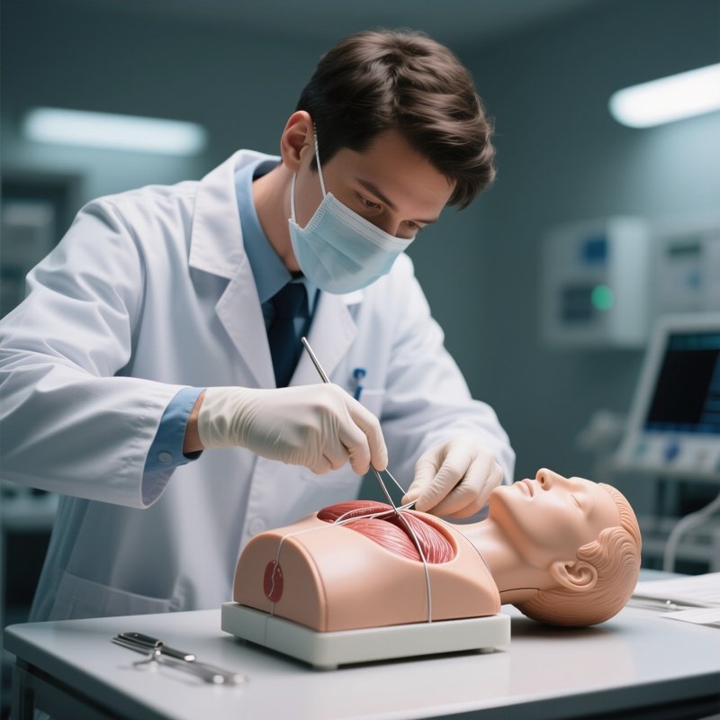 A Medical Student Practicing Suturing On A Training Model