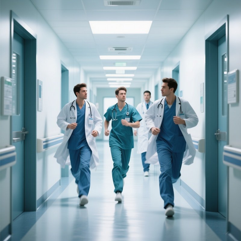 A Medical Team Walking Quickly Down A Brightly Lit Corridor