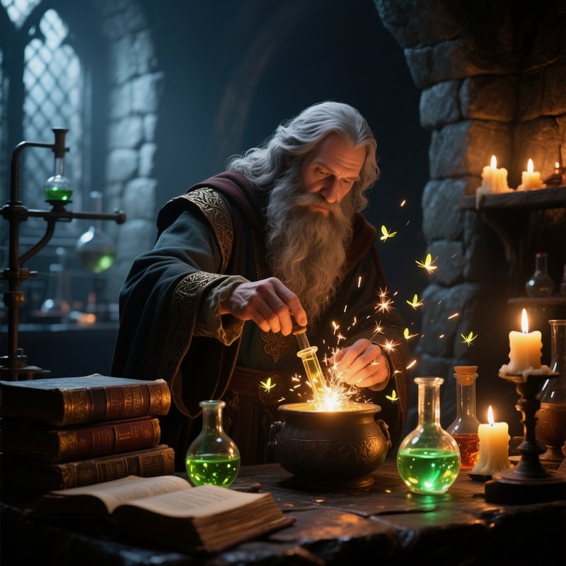 A Medieval Alchemist In A Candle‑Lit Stone Laboratory Mixes Glowing Potions, His Long Grey Beard