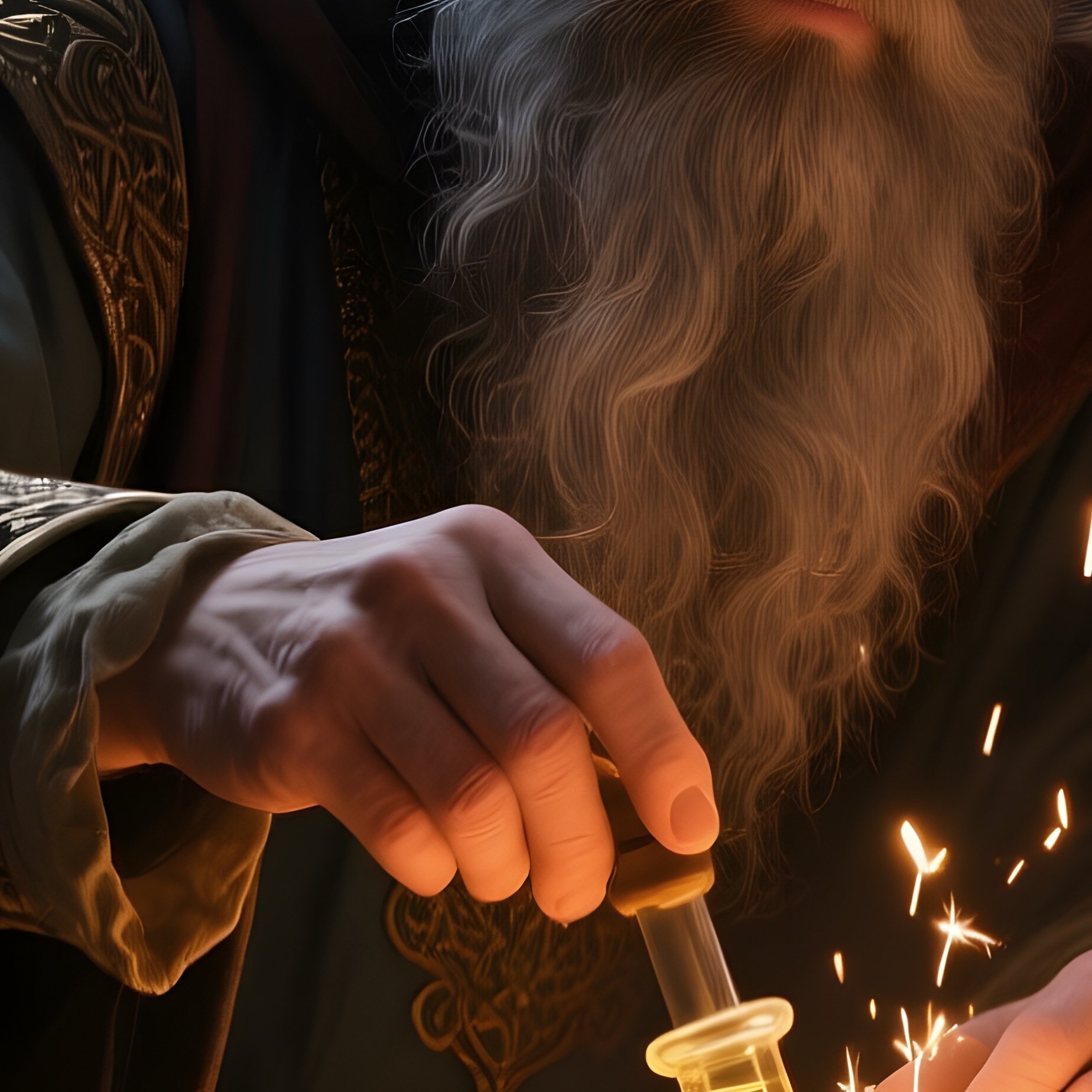 A Medieval Alchemist In A Candle‑Lit Stone Laboratory Mixes Glowing Potions, His Long Grey Beard - Full Resolution Quality Preview