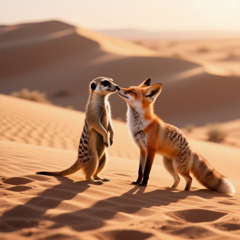 A Meerkat Stands Upright To Meet A Desert Fox In A Quick Kiss On A Sand Dune At Golden Hour,