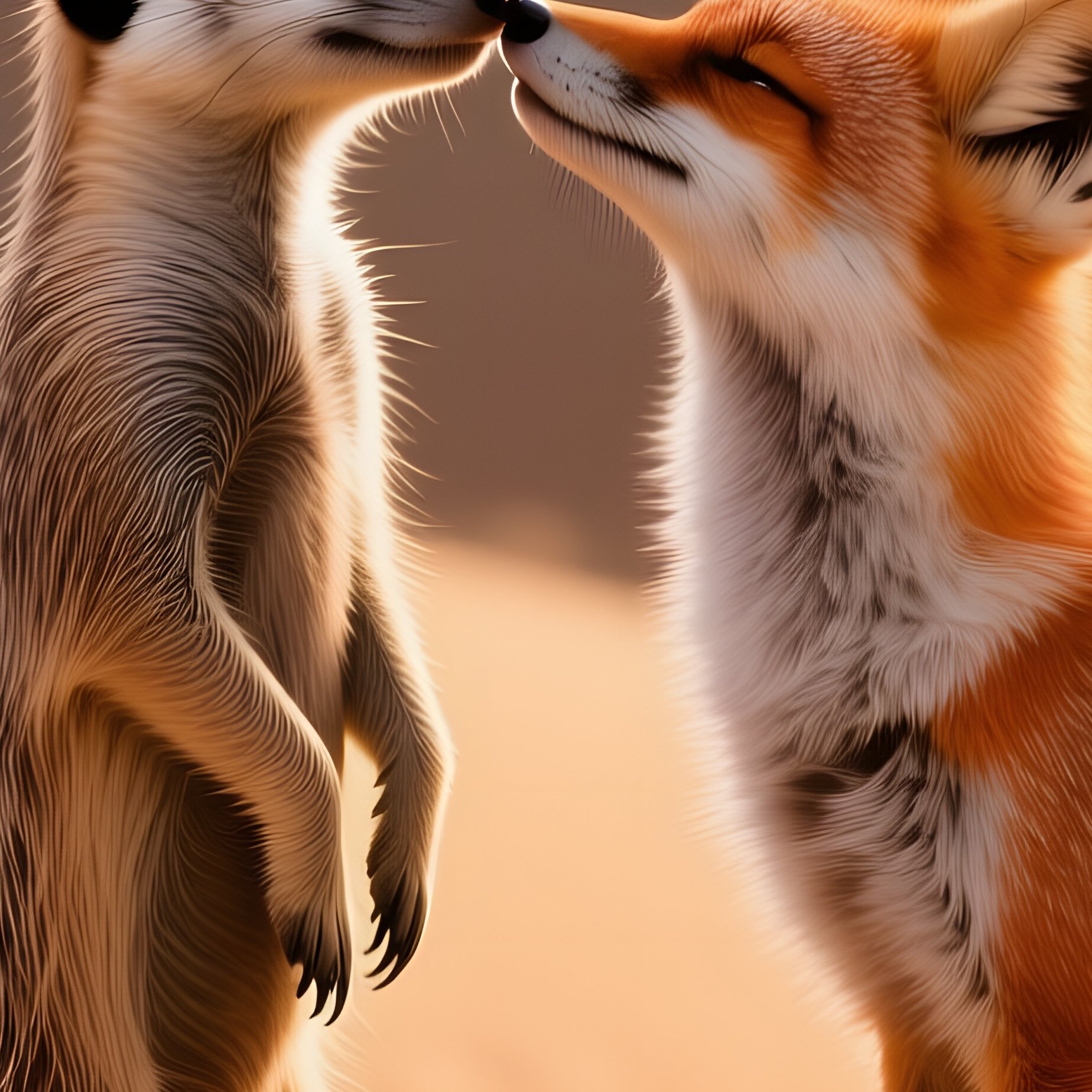 A Meerkat Stands Upright To Meet A Desert Fox In A Quick Kiss On A Sand Dune At Golden Hour, - Full Resolution Quality Preview