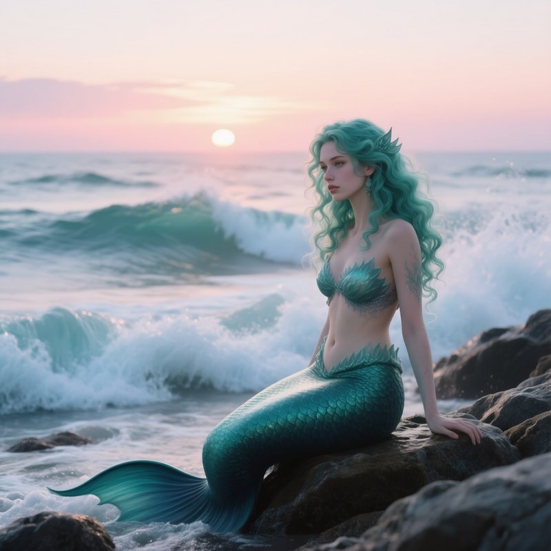 A Mermaid Inspired Woman With Sea‑Foam Colored Curls Sits On A Rocky Shoreline, Waves Crashing