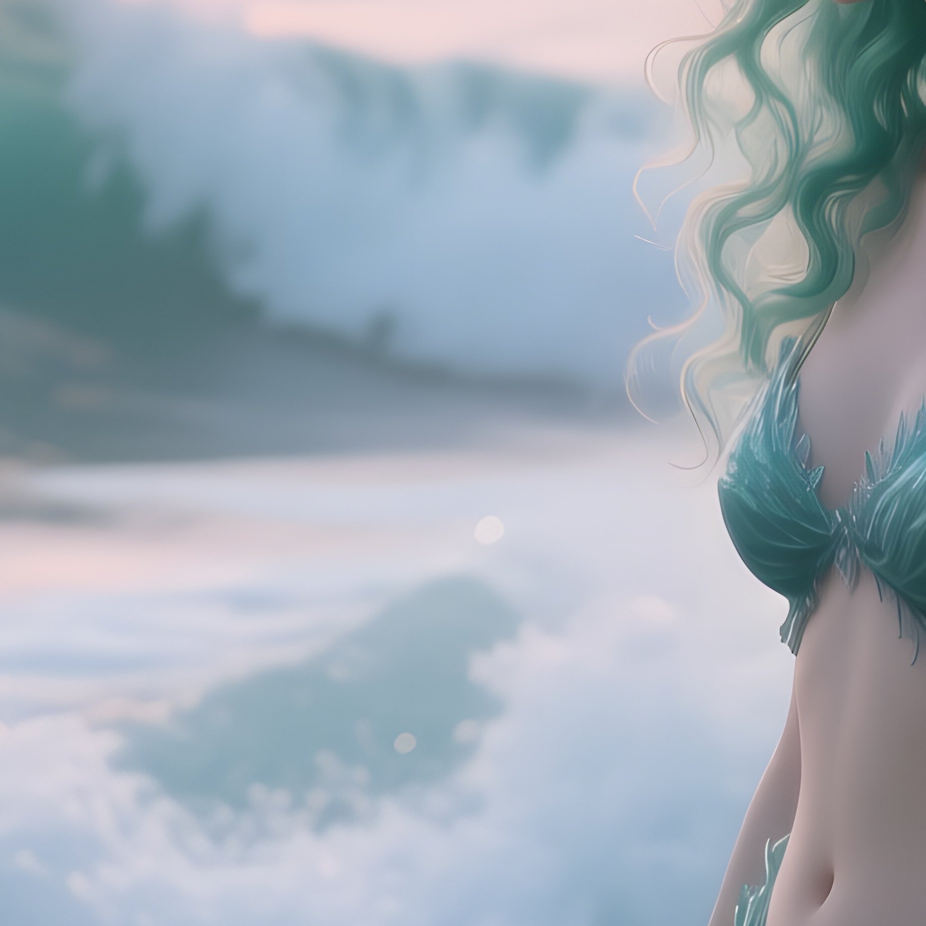 A Mermaid Inspired Woman With Sea‑Foam Colored Curls Sits On A Rocky Shoreline, Waves Crashing - Full Resolution Quality Preview