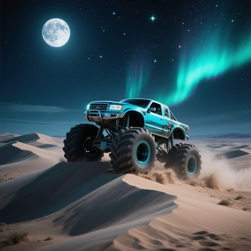 A Metallic Cyan Monster Truck Barrels Over A Series Of Massive Sand Dunes On A Moonlit Night, Stars