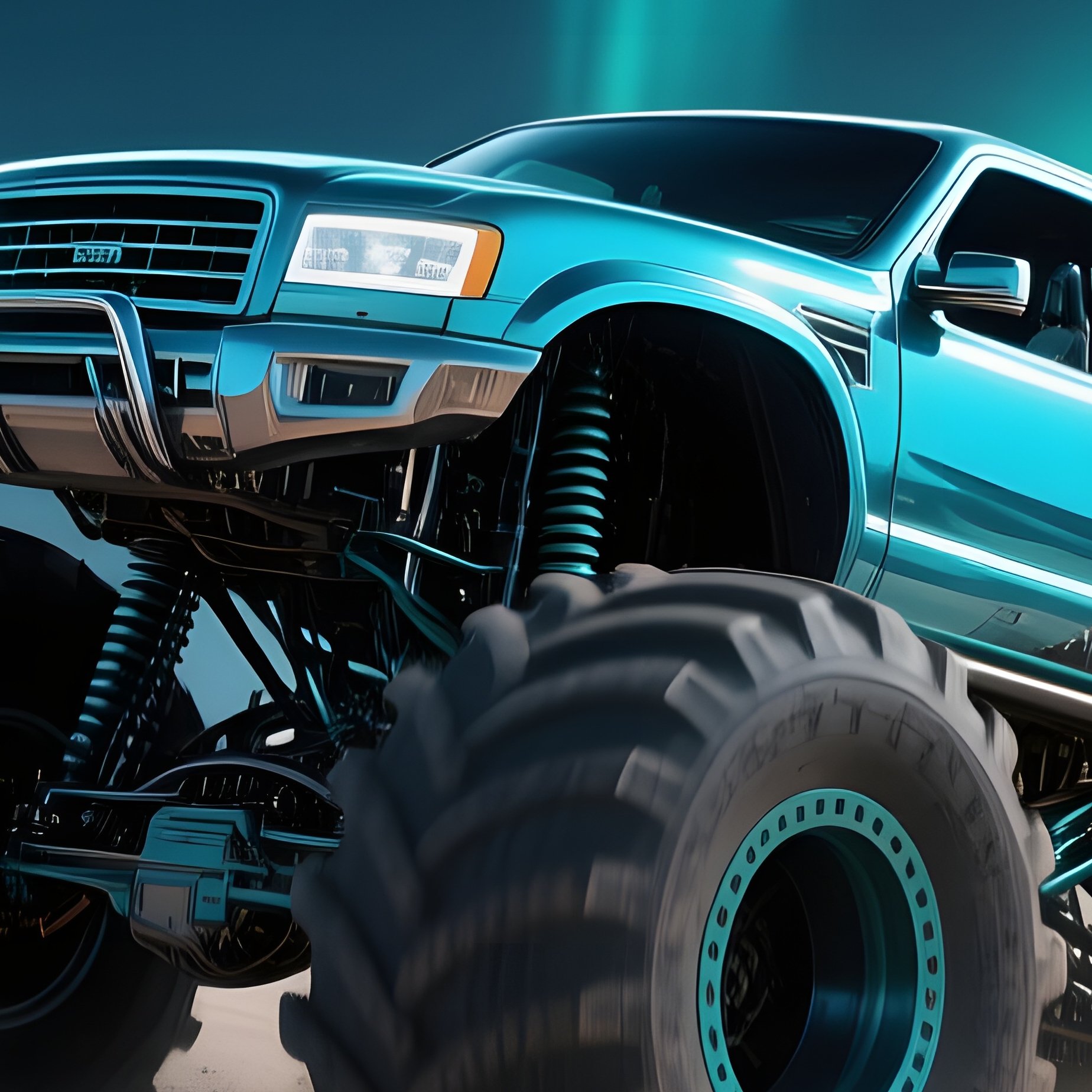 A Metallic Cyan Monster Truck Barrels Over A Series Of Massive Sand Dunes On A Moonlit Night, Stars - Full Resolution Quality Preview