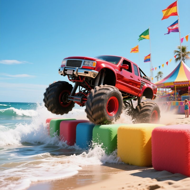 A Metallic Red Monster Truck Barrels Over A Series Of Giant Foam Blocks On A Beachside Carnival