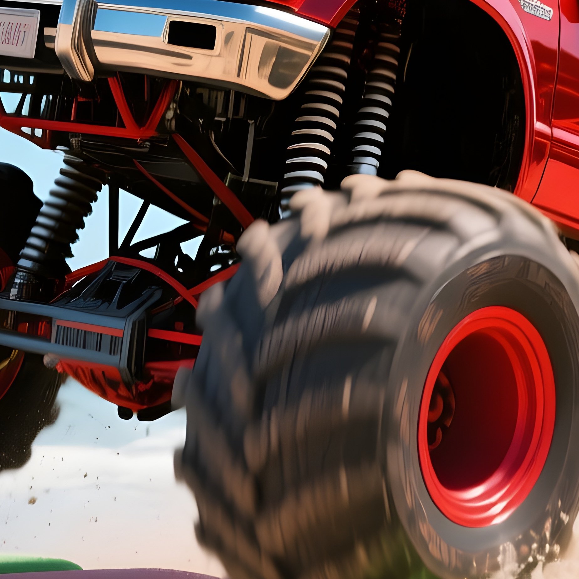 A Metallic Red Monster Truck Barrels Over A Series Of Giant Foam Blocks On A Beachside Carnival - Full Resolution Quality Preview
