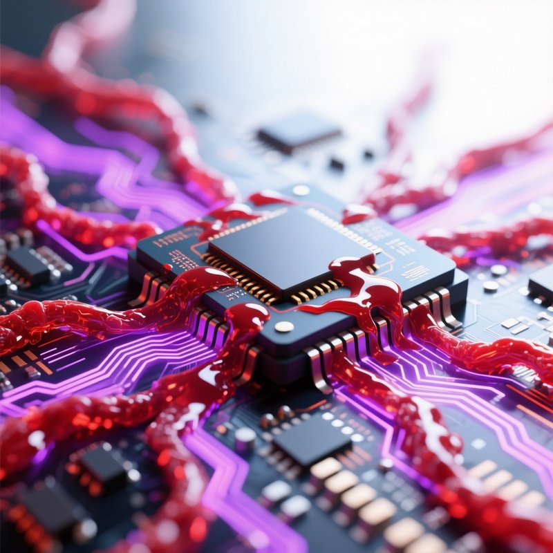 A Microscopic View Of A Computer Chip Infected By Red And Purple Glitch Tendrils, The Circuit