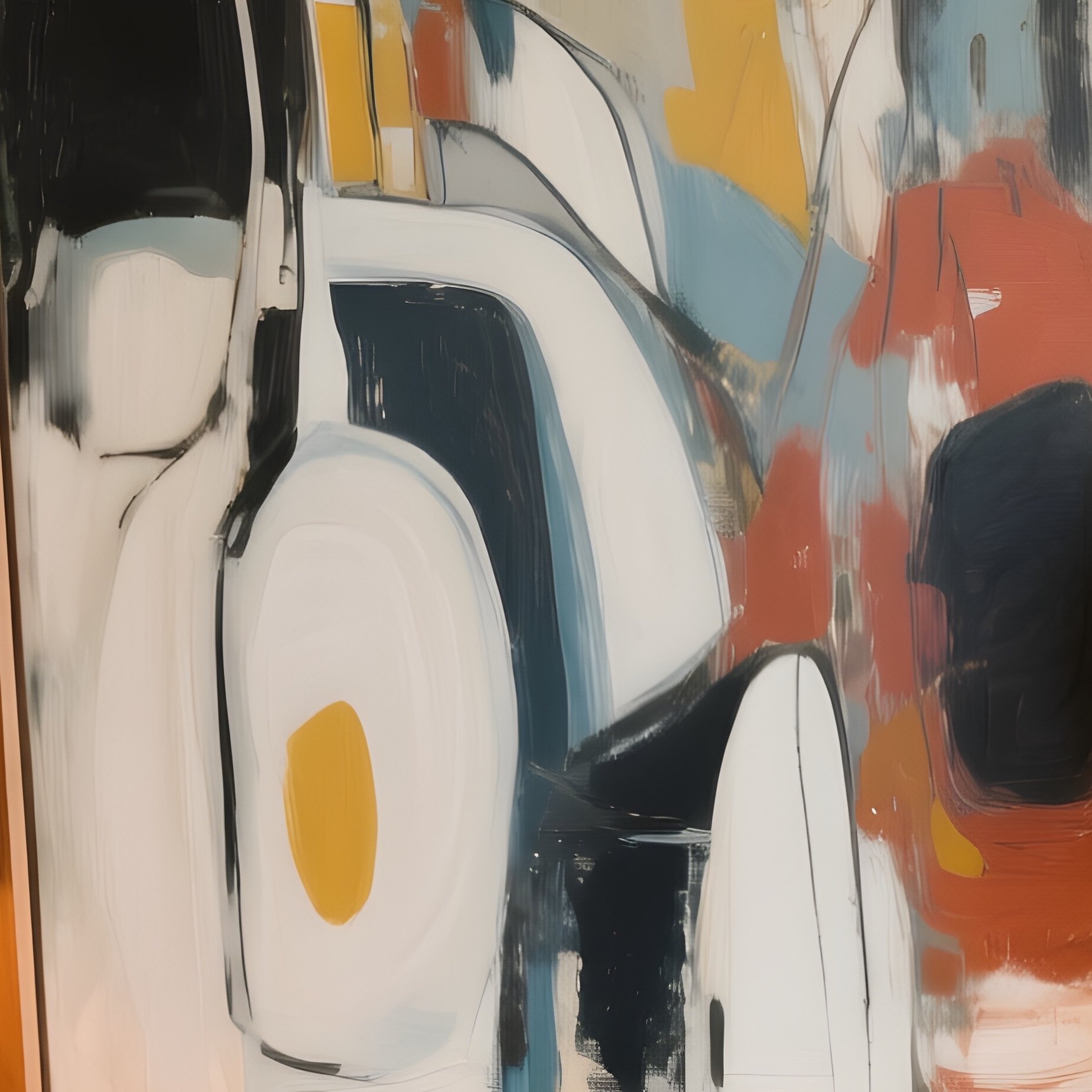 A Mid Century Teak Sideboard Decorated With A Large Abstract Painting Leaning Against The Wall, Flanked By Two Ceramic Table Lamps Offering Warm Lighting. - Full Resolution Quality Preview