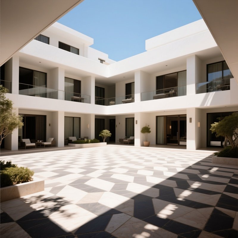 A Midday Perspective Inside An Open Air Courtyard Of A Modernist Hotel, Geometric Paving Stones