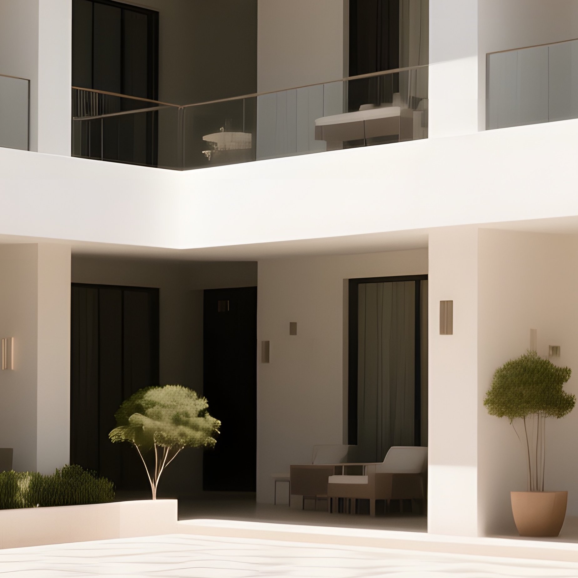 A Midday Perspective Inside An Open Air Courtyard Of A Modernist Hotel, Geometric Paving Stones - Full Resolution Quality Preview