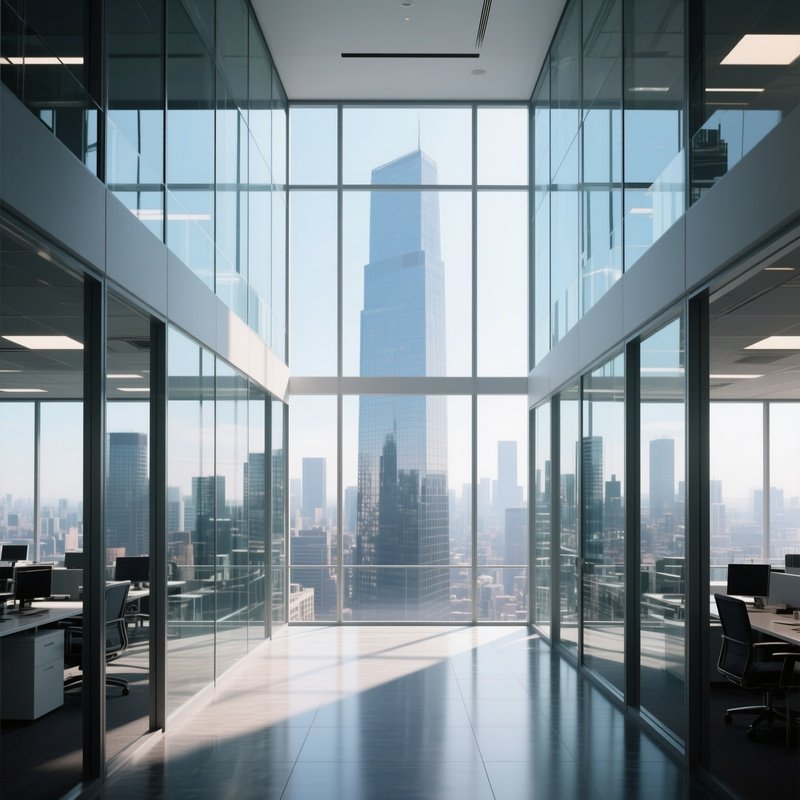 A Midday Perspective Inside An Open Plan Office Tower With Floor To Ceiling Glass Walls, Cityscape