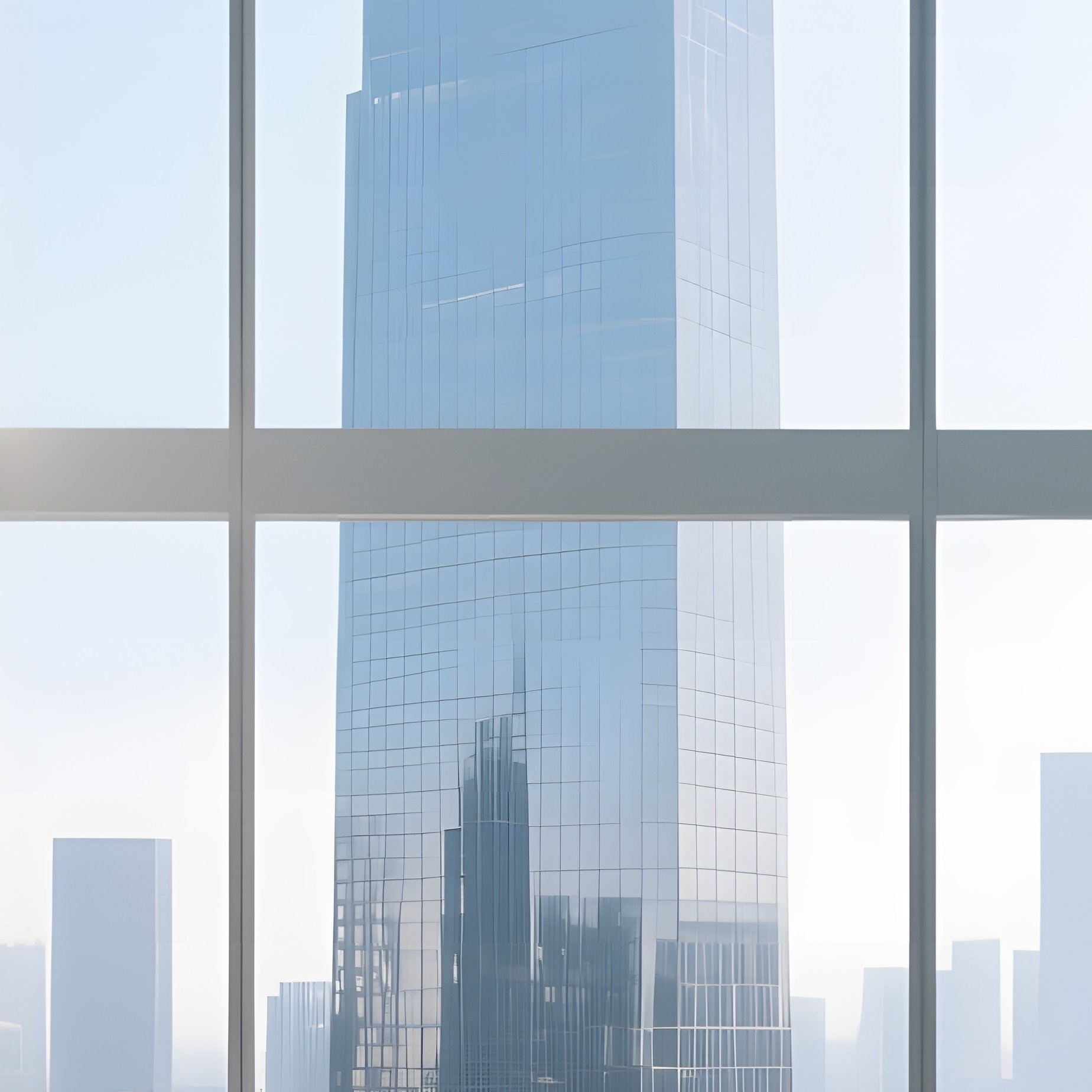 A Midday Perspective Inside An Open Plan Office Tower With Floor To Ceiling Glass Walls, Cityscape - Full Resolution Quality Preview