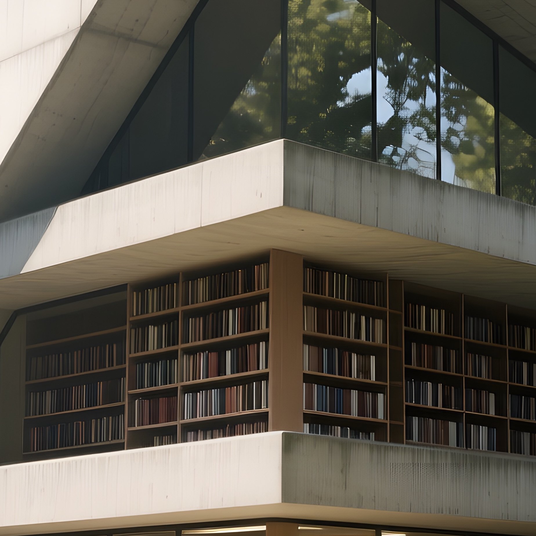 A Midday View Of An Angular Concrete Library Nestled In A Forest Clearing, Sunlight Dappling - Full Resolution Quality Preview