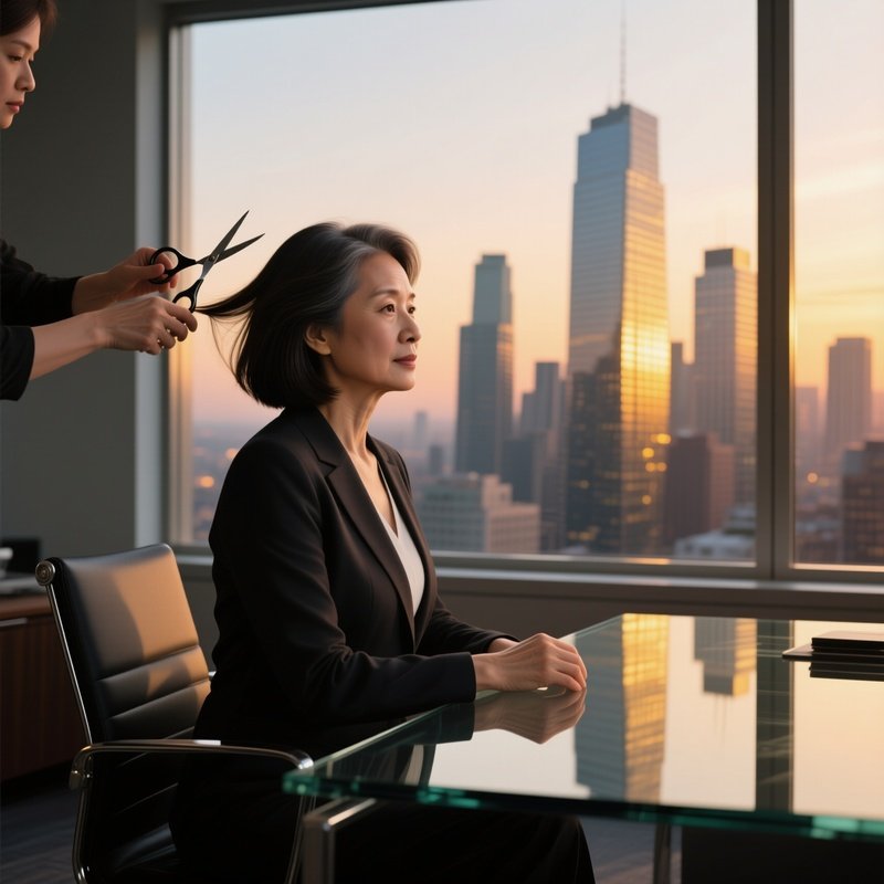 A Middle‑Aged Businesswoman With A Sharp Shoulder‑Length Lob Sits At A Sleek Glass Desk By A City