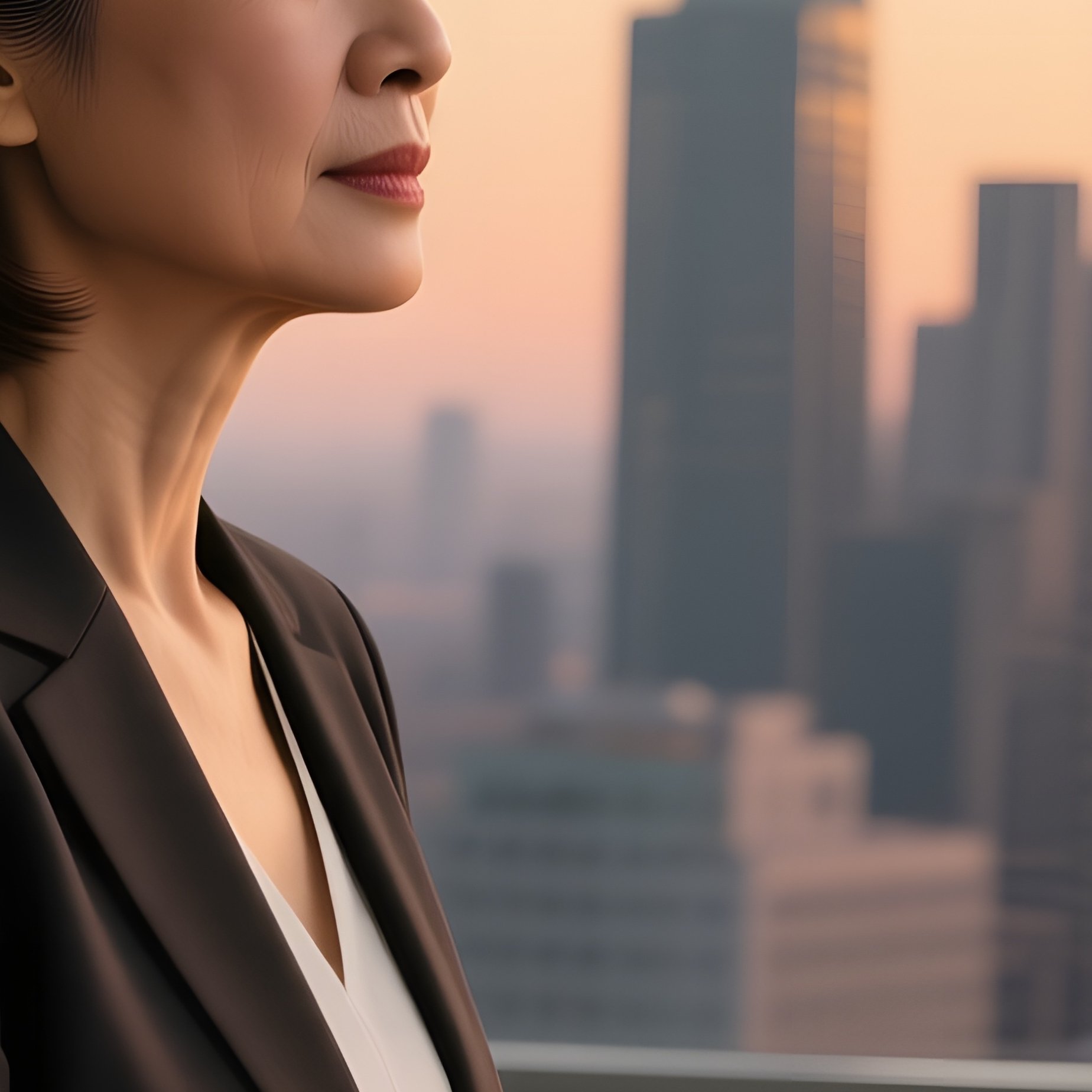 A Middle‑Aged Businesswoman With A Sharp Shoulder‑Length Lob Sits At A Sleek Glass Desk By A City - Full Resolution Quality Preview