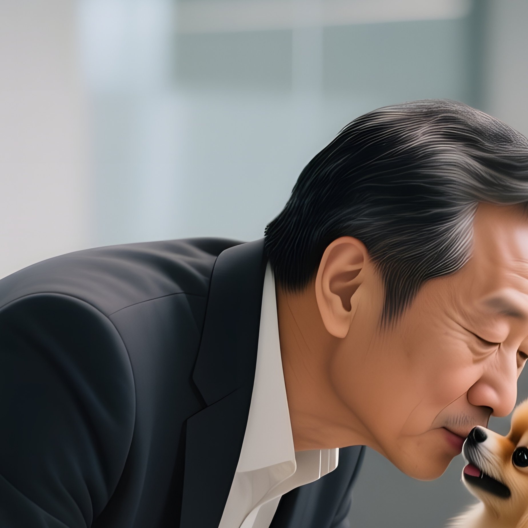 A Middle‑Aged Chinese Man In A Modern Office Break Room, Leaning Over His Desk To Kiss His Tiny - Full Resolution Quality Preview