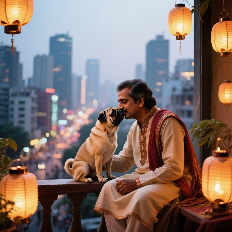 A Middle‑Aged Indian Man In Traditional Kurta Sitting On A Balcony Overlooking A Bustling City,